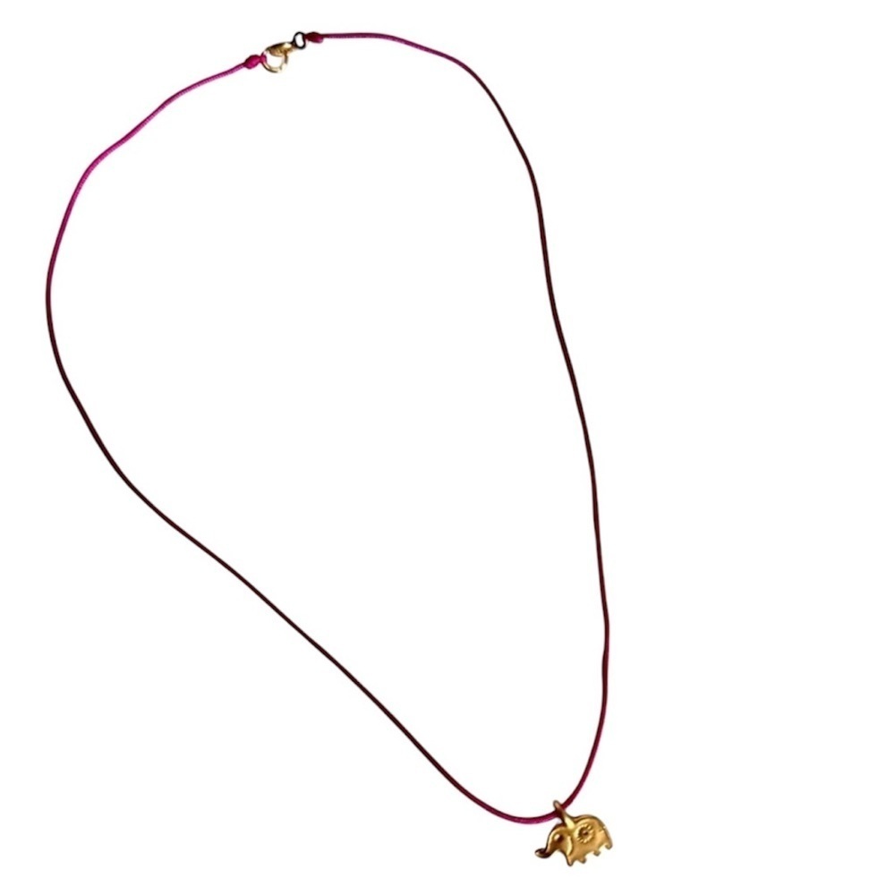 Dainty Gold Elephant Pendant Necklace Pink Silk Cord Boho Minimalist Jewelry